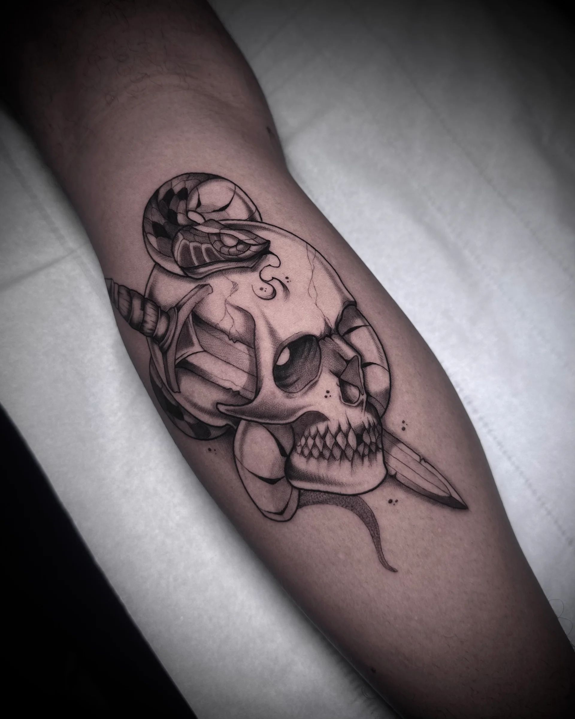 Skull with a dagger and a snake on the forearm